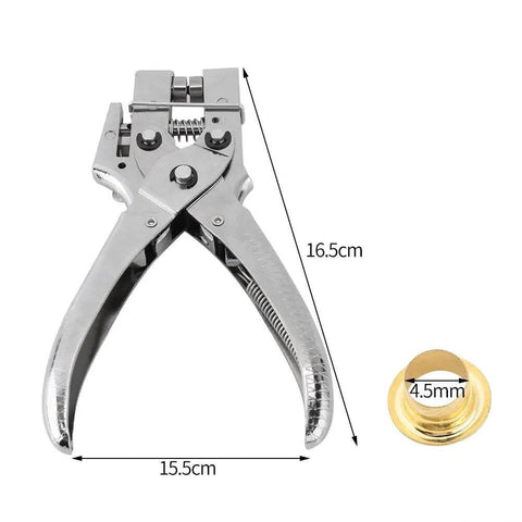 Heavy Duty Eyelet Pliers Kit With 100 Steel Eyelets, 6.5 Inch Grommet Tool, size dimensions shown, close-up view.