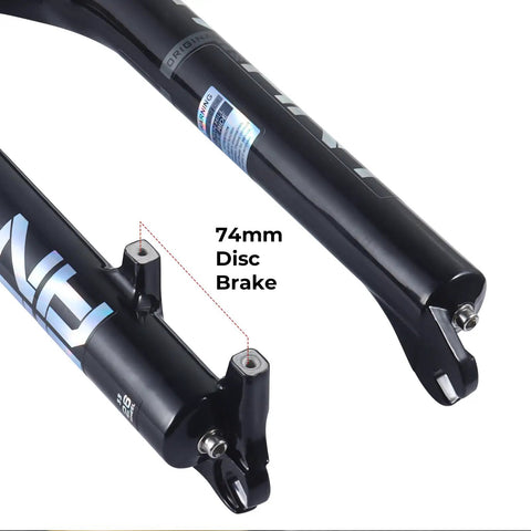 Close-up of Dope Aluminum Mountain Bike Suspension Fork disk brake mount for 26 27.5 29 inch wheels.