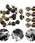 30 Pack Brass Book Rivets With Knurling Flat Leather Binding Buttons for DIY leather craft, 9.5x4mm nails, bronze finish displayed.
