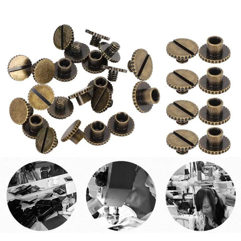 30 Pack Brass Book Rivets With Knurling Flat Leather Binding Buttons for DIY leather craft, 9.5x4mm nails, bronze finish displayed.