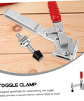 2 Pack Welding Toggle Clamps With Rubber Tips, silver iron body with red handle and quick release mechanism, on wooden surface.
