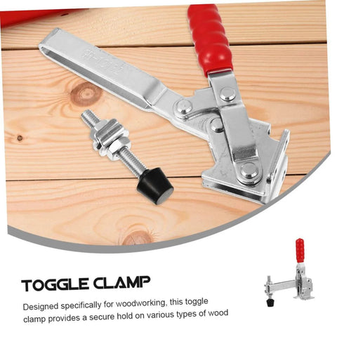 2 Pack Welding Toggle Clamps With Rubber Tips, silver iron body with red handle and quick release mechanism, on wooden surface.