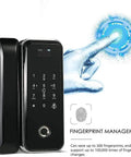 Heavy Duty Fingerprint Smart Deadbolt Lock with Numeric Keypad and Password Access showing fingerprint management technology.