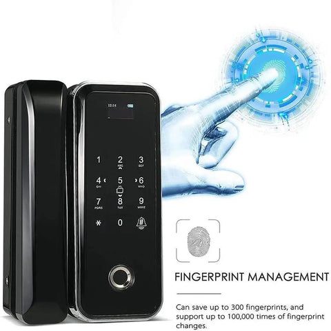 Heavy Duty Fingerprint Smart Deadbolt Lock with Numeric Keypad and Password Access showing fingerprint management technology.