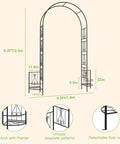 Diagram of 8 Foot Metal Garden Arch Trellis with Planter Boxes for Climbing Plants Outdoor Rust Resistant Backdrop Stand showing dimensions.