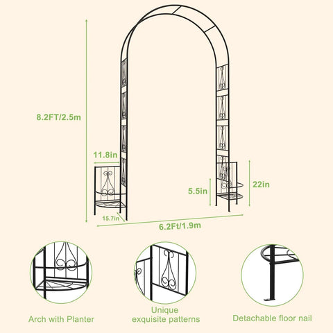 Diagram of 8 Foot Metal Garden Arch Trellis with Planter Boxes for Climbing Plants Outdoor Rust Resistant Backdrop Stand showing dimensions.