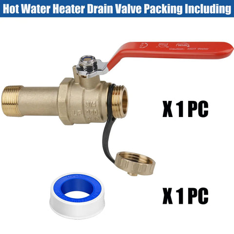 Lead Free Brass Water Heater Drain Valve With Full Port Flow 3/4 MIP to 3/4 GHT, 2 Inch Shank Long Handle, with cap and tape