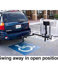 Swing Away Bracket For Outside Carriers And Lifts Class 3 Hitch Mounted Easy Breezy Pivot For Full Trunk Access 40 Lb Weight Automatic Hold Down Arm Works With Most Outdoor Carriers And Lifts, open position on SUV hitch