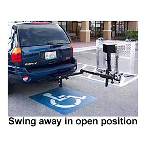 Swing Away Bracket For Outside Carriers And Lifts Class 3 Hitch Mounted Easy Breezy Pivot For Full Trunk Access 40 Lb Weight Automatic Hold Down Arm Works With Most Outdoor Carriers And Lifts, open position on SUV hitch