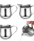 4 Pack 3oz Stainless Steel Creamer Pitchers With Handle for Coffee Milk Sauces, set of four, pouring milk