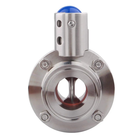 Front view of Beefy Sanitary Butterfly Valve with pull handle, 304 stainless steel, for 1.25 inch tube OD Clover Tri Clamp fittings