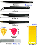 Metal tweezers, picks, and glass file from the DIY Tool Kit For Gundam Gunpla Building And Dollhouse Miniatures With Precision Knives Ruler Files Tweezers Drill Set And Alligator Clip Accessories For Model Kits Hobbyists And Craft Enthusiasts.