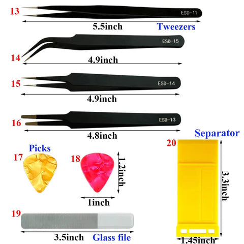 Metal tweezers, picks, and glass file from the DIY Tool Kit For Gundam Gunpla Building And Dollhouse Miniatures With Precision Knives Ruler Files Tweezers Drill Set And Alligator Clip Accessories For Model Kits Hobbyists And Craft Enthusiasts.