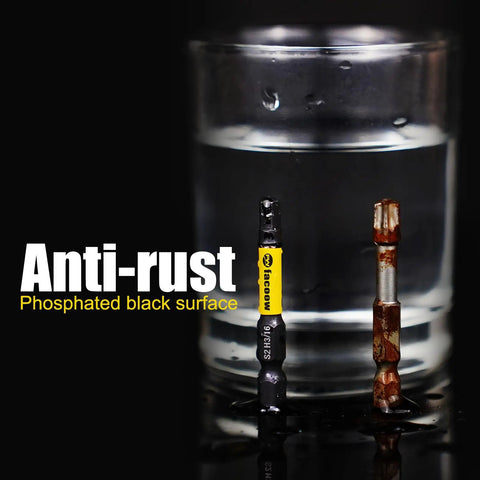 Anti-rust comparison showing 21 Piece Pro Grade Impact Hex Bit Set and rusted tool next to glass of water