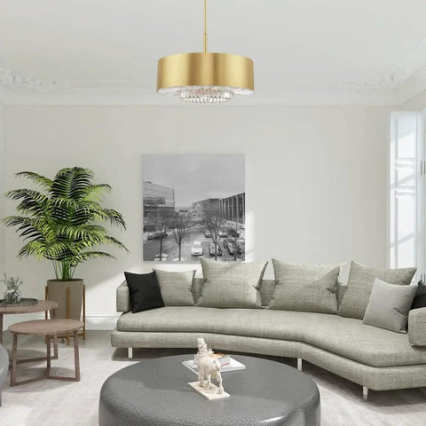 Gorgeous Six Light Pendant Featuring Brushed Nickel Drum Shade And Clear Faceted K9 Crystals illuminating a cozy living room.