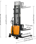 KAIXUN Semi Electric Pallet Stacker 2200Lbs Capacity 118Inch Lift Height dimensions showing overall height, width, and fork length.