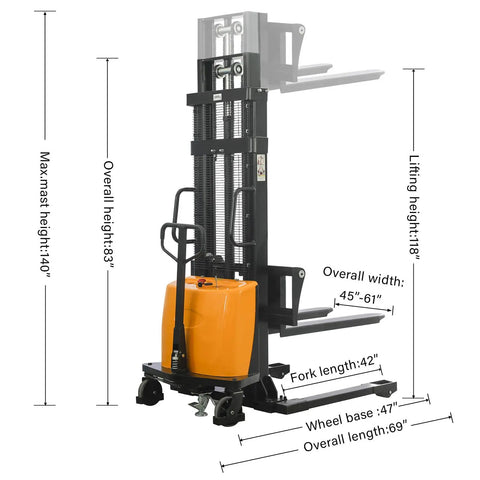 KAIXUN Semi Electric Pallet Stacker 2200Lbs Capacity 118Inch Lift Height dimensions showing overall height, width, and fork length.