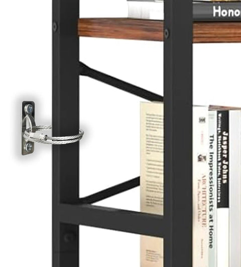 Heavy Duty Stainless Steel Anti Tip Furniture Anchors For Baby Proofing, shown mounted on a shelf holding books.