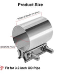 3 Inch Stainless Steel Exhaust Clamp Set For Butt Joint Connection 2 Pack Band Sleeve Couplers dimensions shown