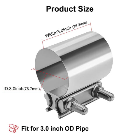 3 Inch Stainless Steel Exhaust Clamp Set For Butt Joint Connection 2 Pack Band Sleeve Couplers dimensions shown