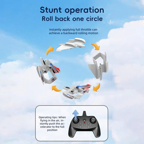 3 In 1 Water Land Air RC Plane For Beginners With Gyro Stabilizer, performing a stunt roll maneuver, remote control shown