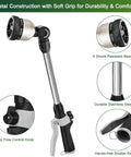 Beefy Heavy Duty 16 Inch Metal Watering Wand With 8 Spray Patterns showing soft grip, easy flow control, and durable construction