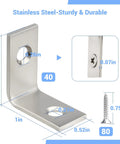Rock Solid 1 Inch Stainless Steel L Brackets 40 Pack With 80 Countersunk Screws Rustproof Corner Braces for secure shelving.