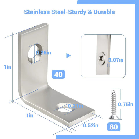 Rock Solid 1 Inch Stainless Steel L Brackets 40 Pack With 80 Countersunk Screws Rustproof Corner Braces for secure shelving.