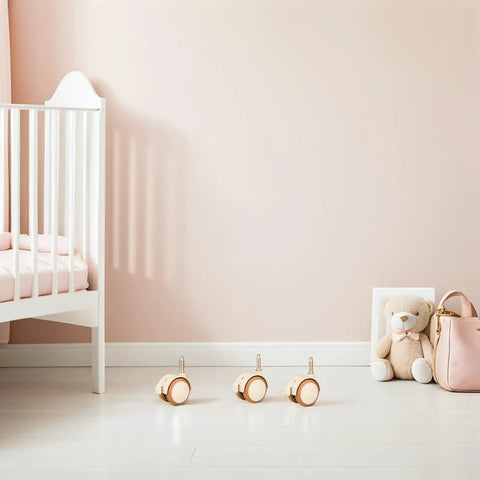 4 Pack Swivel Stem Casters With Locking Mechanism For Cots And Furniture Plug And Play Setup Quiet Rubber Wheels shown in nursery
