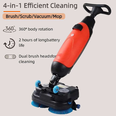 Cordless 18 Inch Walk Behind Floor Scrubber With Dual Brushes, 120 Minute Battery Power, 360 Degree Rotating Head