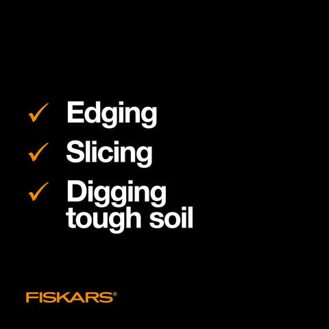 Text highlighting features: Edging, Slicing, Digging tough soil for 46 Inch Steel Flat Spade With Ergonomic D-Handle For Lawn Edging And Tough Digging.