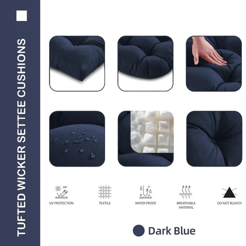 Close-up views of Outdoor Bench Cushion Tufted 44x22x4 Inch Loveseat Pad, dark blue, showing material, texture and waterproof feature.