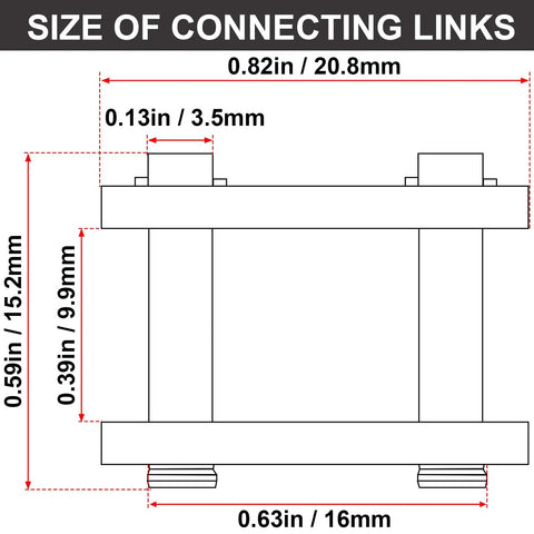 Diagram showing sizes for Five Pack No. 41 Roller Chain Connecting Links Made From Master Manganese Steel, Heavy Duty Connectors.