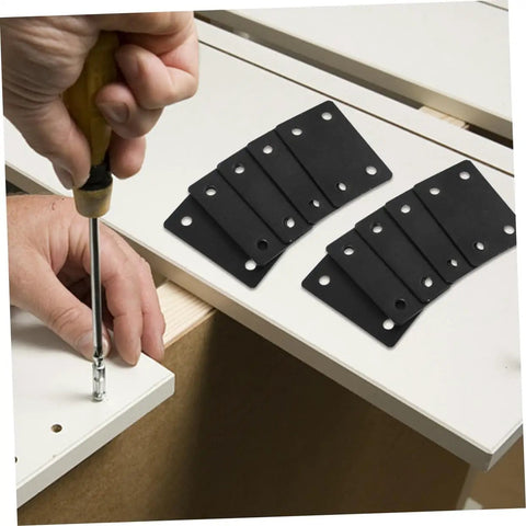Heavy Duty Stainless Steel Corner Braces Rock Solid Wood Joint Connectors being installed with a screwdriver on cabinet edge.