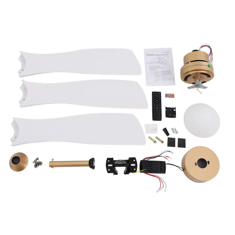 Ceiling Fan Light 48 Inch with Remote 6 Speeds 3000-6500K for Bedroom, parts including blades, motor, remote, and shade.