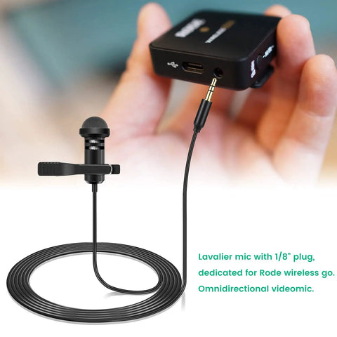 Two Pack Lavalier Microphones Compatible With DJI Mic 2 And Rode Wireless Pro Or Wireless GO 2 II Transmitters shown with 1/8" plug