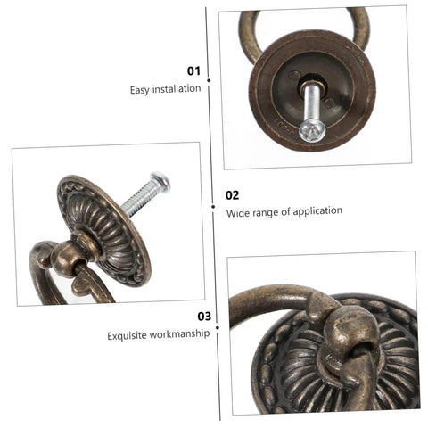 Close-up of Vintage Retro Old School Cabinet Pull Handles 12pc Set in Antique Alloy with detailed aged bronze finish and screw