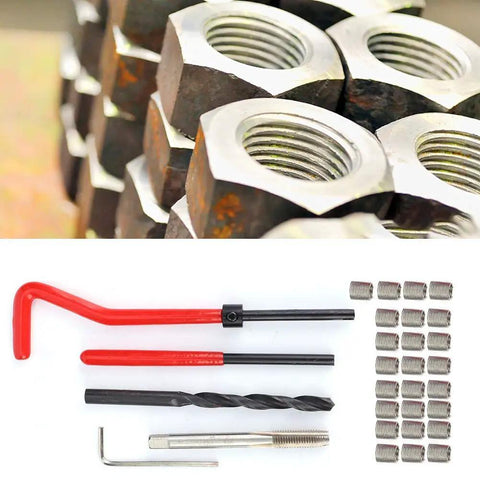 30 Piece Thread Repair Kit with stainless M6x1 inserts, drill, tap, and wrench set shown with steel threaded inserts.