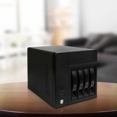 Mini ITX NAS Case K3 Dope 4 Bay DIY Computer Enclosure for ITX Motherboard and Flex PSU with front USB ports on table
