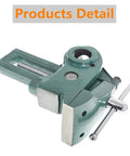 Heavy Duty 3.5 Inch Parrot Vise Multi Angle Swivel Workbench Clamping Tool With Reliable Locking Jaw Grip Rock Solid Flex close-up view of green steel vise clamp.