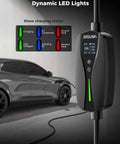 Road Ready Heavy Duty Level One And Two Electric Vehicle Wall Charger With Nema 14 30 Plug And J1772 Connector in garage, showing LED status.