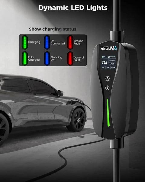 Road Ready Heavy Duty Level One And Two Electric Vehicle Wall Charger With Nema 14 30 Plug And J1772 Connector in garage, showing LED status.