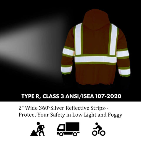Back view of High Visibility ANSI Class 3 Reflective Safety Fleece Hoodie For Men With Detachable Hood, showing reflective stripes
