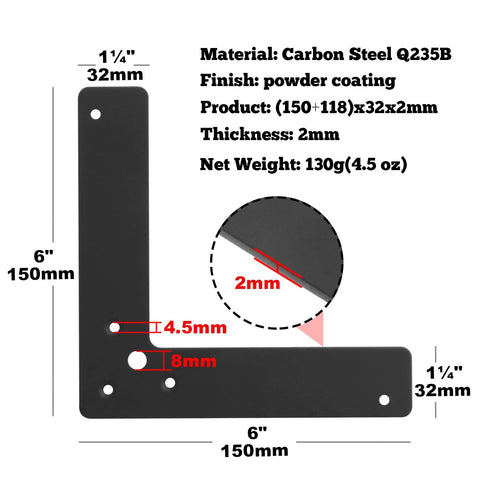 10 Pcs 6 Inch Black L Shaped Corner Brace Mending Plate Steel Flat Anti Corrosion Powder Coat For Long Lasting Support Measures 6 x 6 x 1 1/4 Inches Countersunk Holes 4.5 Mm And 8 Mm Maximum Load Up To 15 Kg diagram