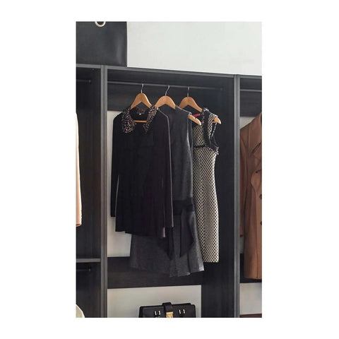 Freestanding Gray Wood Closet System With Five Modular Wardrobe Units For No Stress Setup Clean Vibes showing hanging dresses.