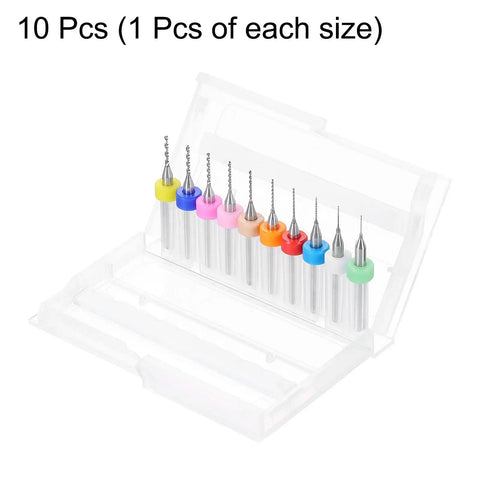 10Pc PCB Drill Bit Set With One Eighth Inch Shank, Pro Grade Tungsten Carbide Micro Twist Bits in plastic case, sizes 0.3mm-1.2mm