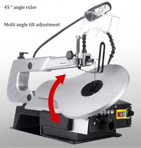 Heavy Duty Desktop Curve Saw Cuts Wood And Steel Without Breaking A Sweat Corded Electric Jig Tool With Dust Free Shield And Effortless Angle Tweaks, showing 45-degree angle adjustment.