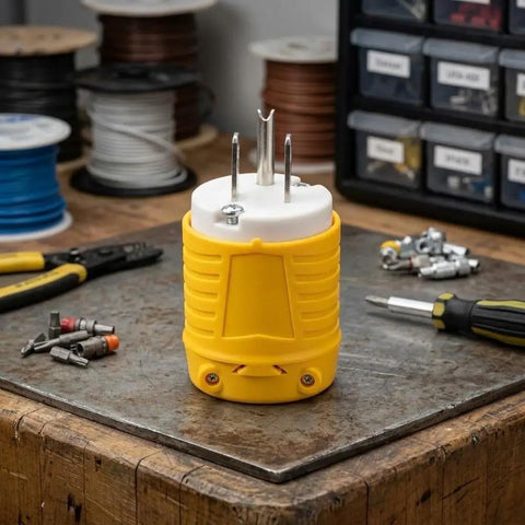 Heavy Duty NEMA 5-15P To Dual Receptacle Adapter 15 Amp 125 Volt rugged yellow ABS design on a workbench.