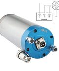 Heavy Duty Two Point Two Kilo Watt Water Cooled Cnc Router Spindle with blue end cap and connections for wood engraving tasks.