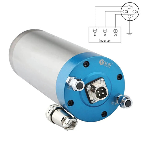 Heavy Duty Two Point Two Kilo Watt Water Cooled Cnc Router Spindle with blue end cap and connections for wood engraving tasks.